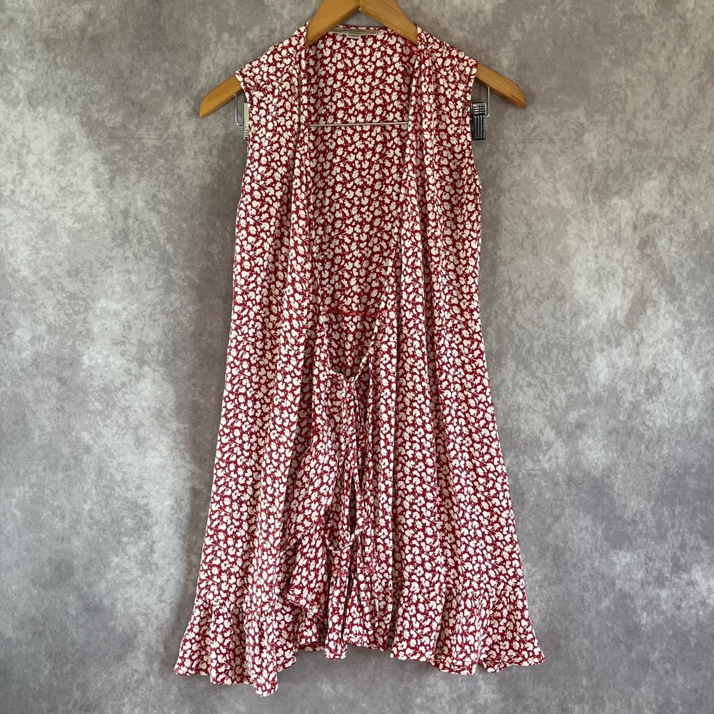 AllSaints Wrap Dress Women XS Red Floral Sleeveless Ruffle Hem Mini Boho Cottage